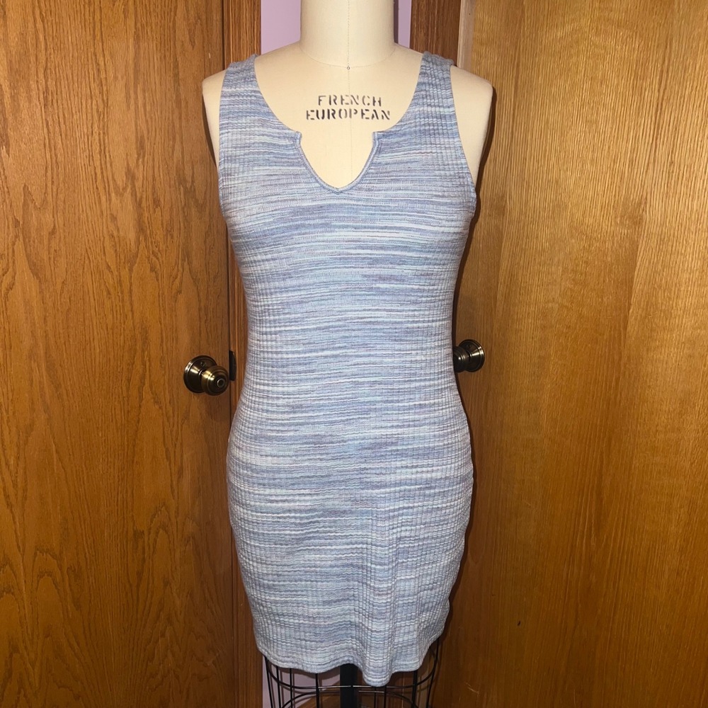 American Eagle Bodycon Dress Womens Large Blue Space Dye Ribbed Notch Neck Mini